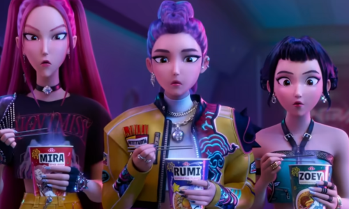 Mira, Rumi and Zoey from Kpop Demon Hunters eating ramyeon.